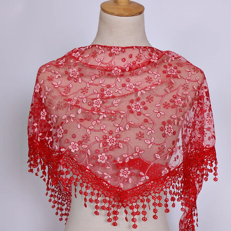 Fashion Lace Tassel Scarf Thin Sheer Triangle Scarf Women Hollow Out Floral Scarves Shawls Shawl Elegant See through Red Pink