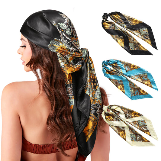 35” Large Square Satin Head Scarf - 3Pcs Satin Hair Scarves Silk Bandana Scarf Headscarf Silk Feeling Scarf for Women