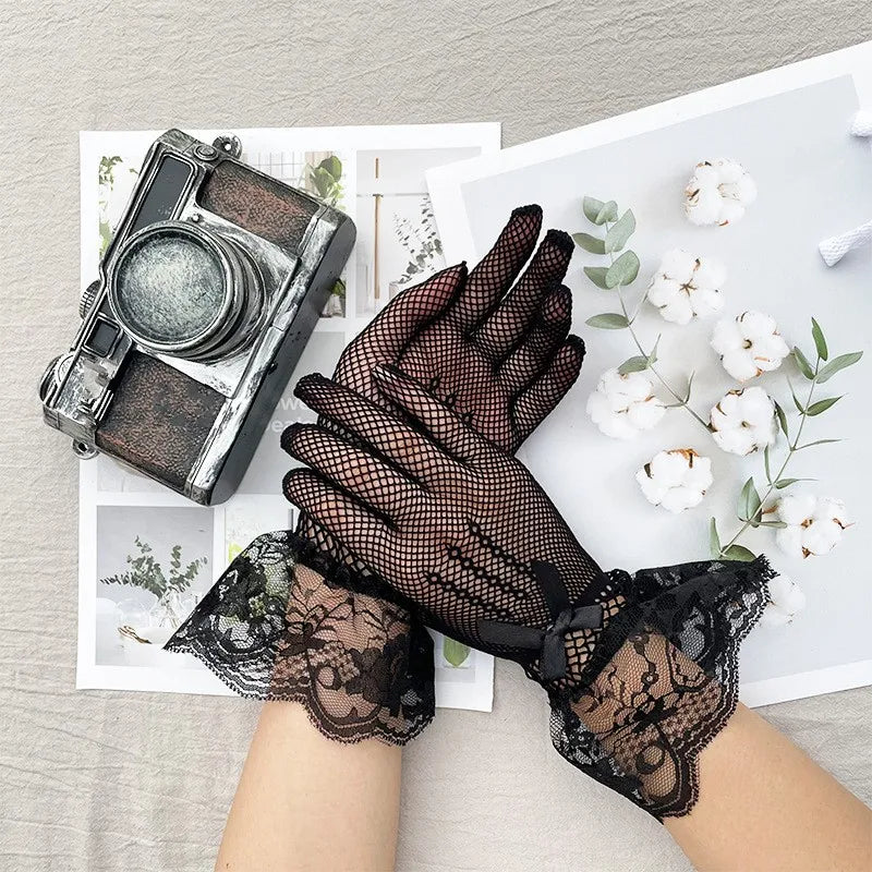 Women Black White Summer Uv-Proof Driving Gloves Mesh Fishnet Gloves Lace Mittens Full Finger Girls Lace Fashion Gloves