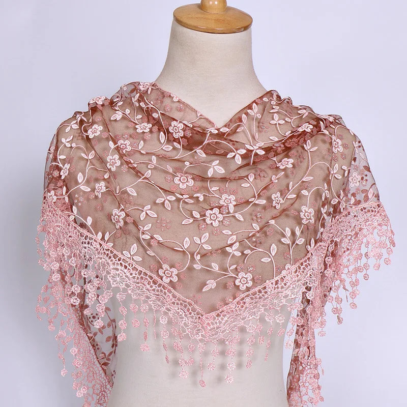 Fashion Lace Tassel Scarf Thin Sheer Triangle Scarf Women Hollow Out Floral Scarves Shawls Shawl Elegant See through Red Pink