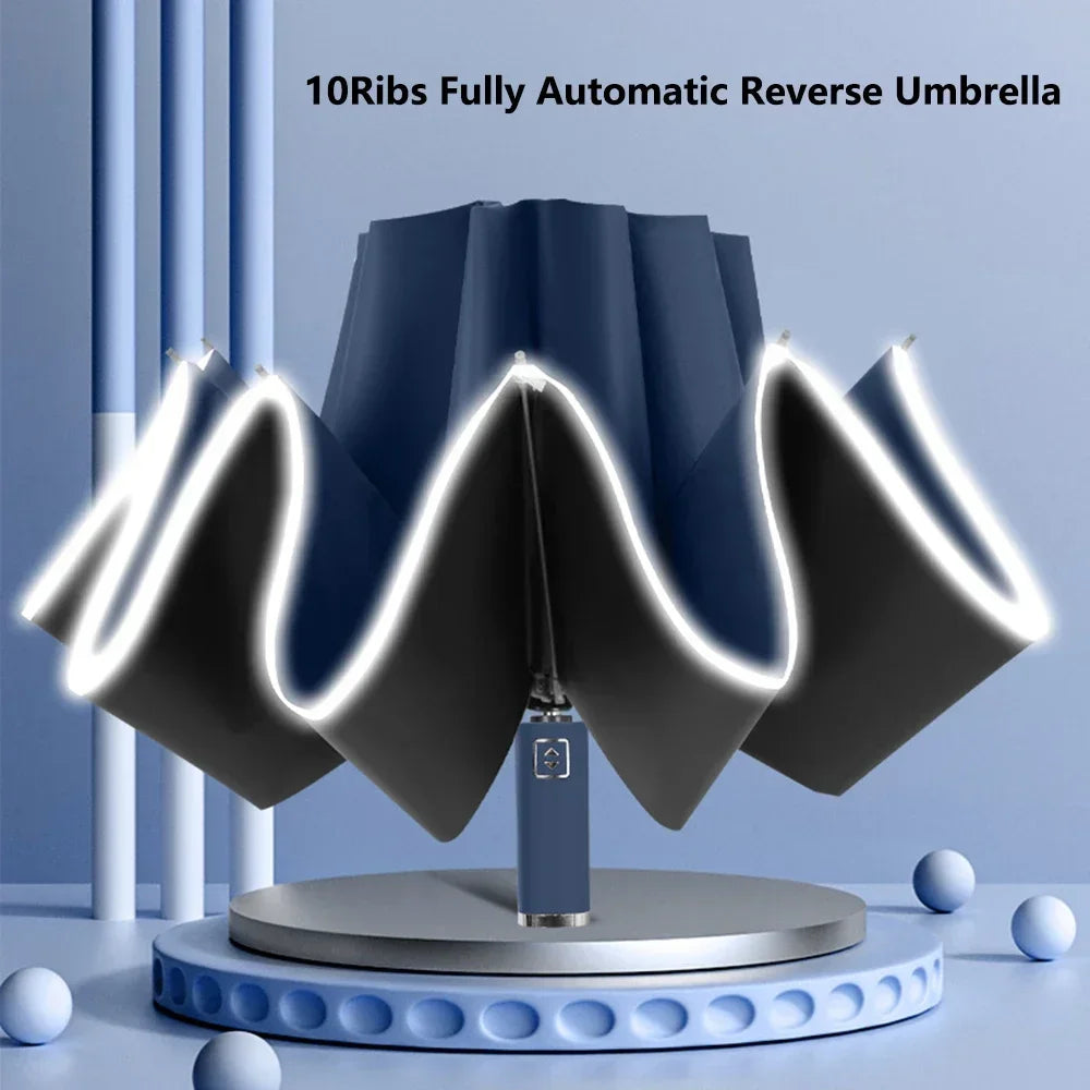 Fully Automatic Reverse Folding Umbrella 10 Ribs Windproof Strong Reflective Stripe UV Folding Big Umbrella for Women and Men