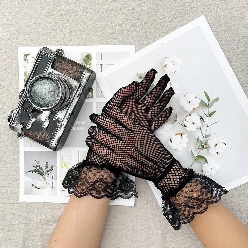 Women Black White Summer Uv-Proof Driving Gloves Mesh Fishnet Gloves Lace Mittens Full Finger Girls Lace Fashion Gloves