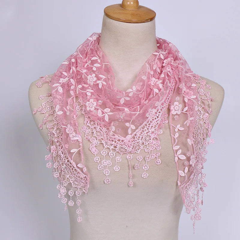 Fashion Lace Tassel Scarf Thin Sheer Triangle Scarf Women Hollow Out Floral Scarves Shawls Shawl Elegant See through Red Pink