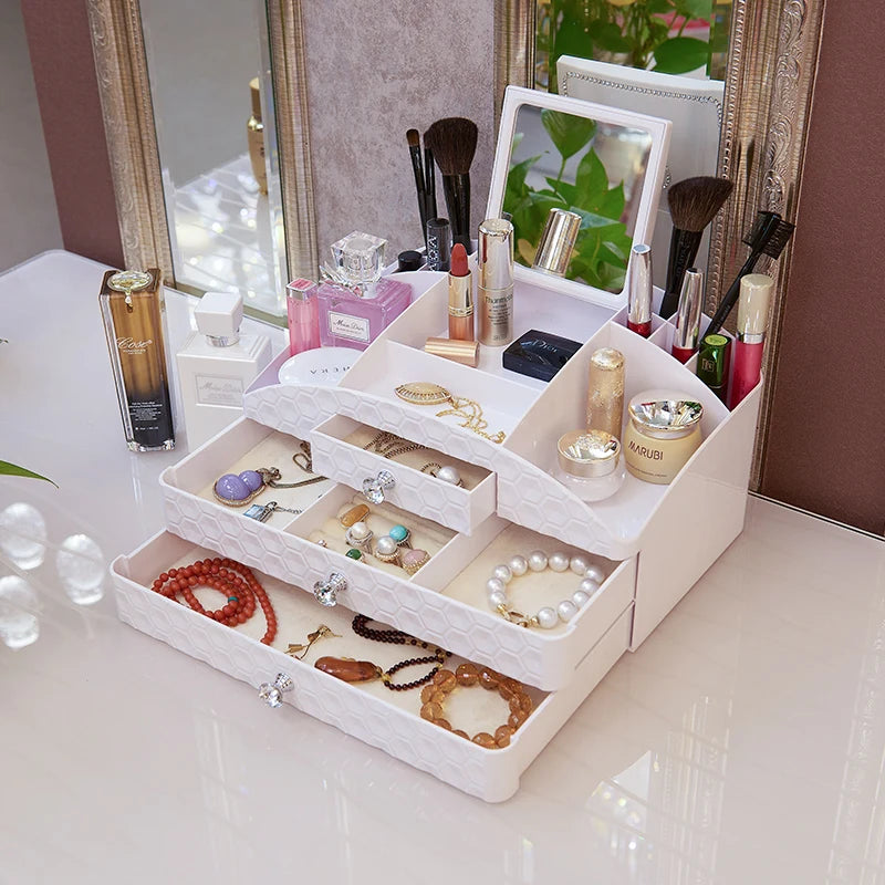 "Sparkle and Organize: Luxurious Multi-Layer Cosmetic Drawer Storage Box for Jewelry, Skin Care, and More!"