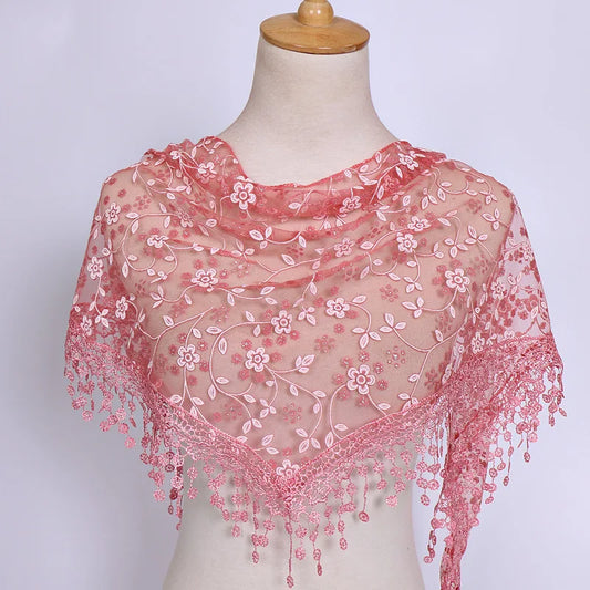 Fashion Lace Tassel Scarf Thin Sheer Triangle Scarf Women Hollow Out Floral Scarves Shawls Shawl Elegant See through Red Pink