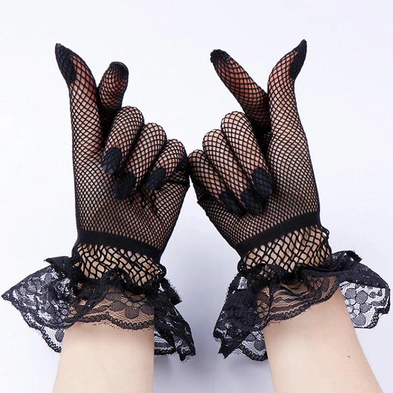 Women Black White Summer Uv-Proof Driving Gloves Mesh Fishnet Gloves Lace Mittens Full Finger Girls Lace Fashion Gloves