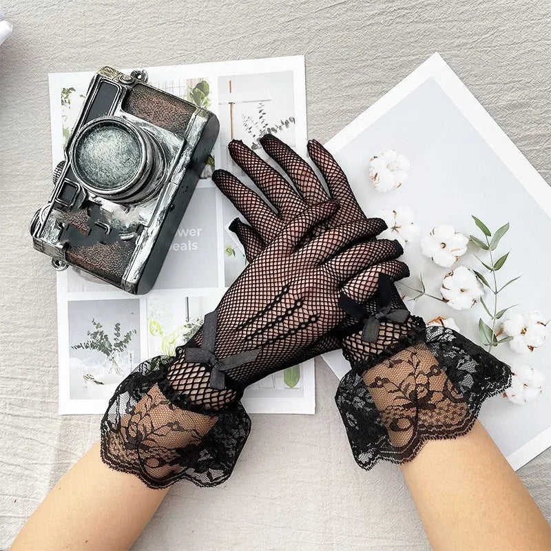 Women Black White Summer Uv-Proof Driving Gloves Mesh Fishnet Gloves Lace Mittens Full Finger Girls Lace Fashion Gloves