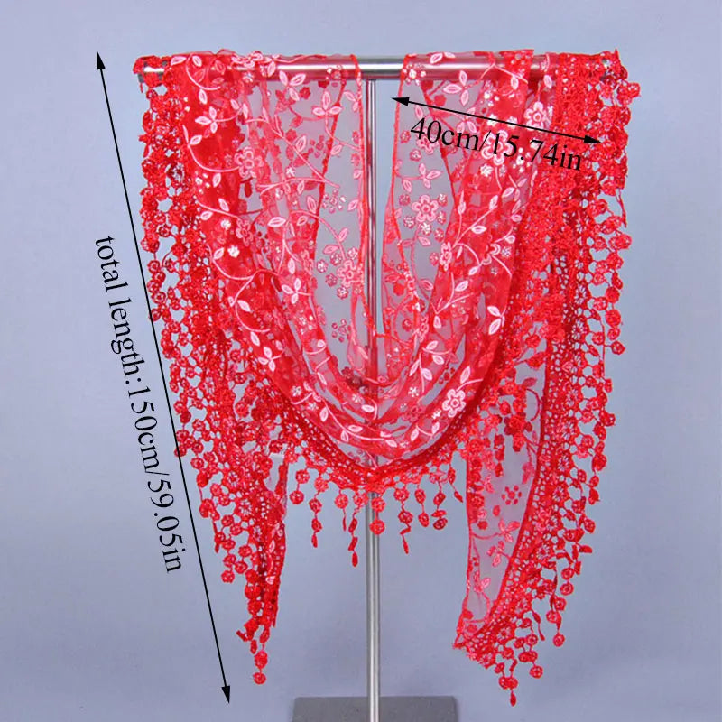 Fashion Lace Tassel Scarf Thin Sheer Triangle Scarf Women Hollow Out Floral Scarves Shawls Shawl Elegant See through Red Pink