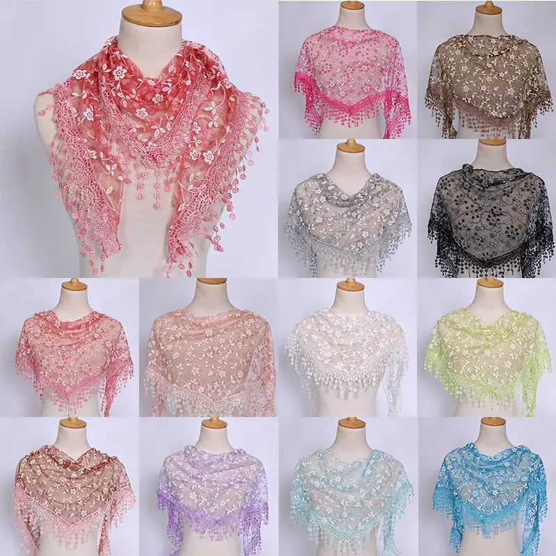 Fashion Lace Tassel Scarf Thin Sheer Triangle Scarf Women Hollow Out Floral Scarves Shawls Shawl Elegant See through Red Pink